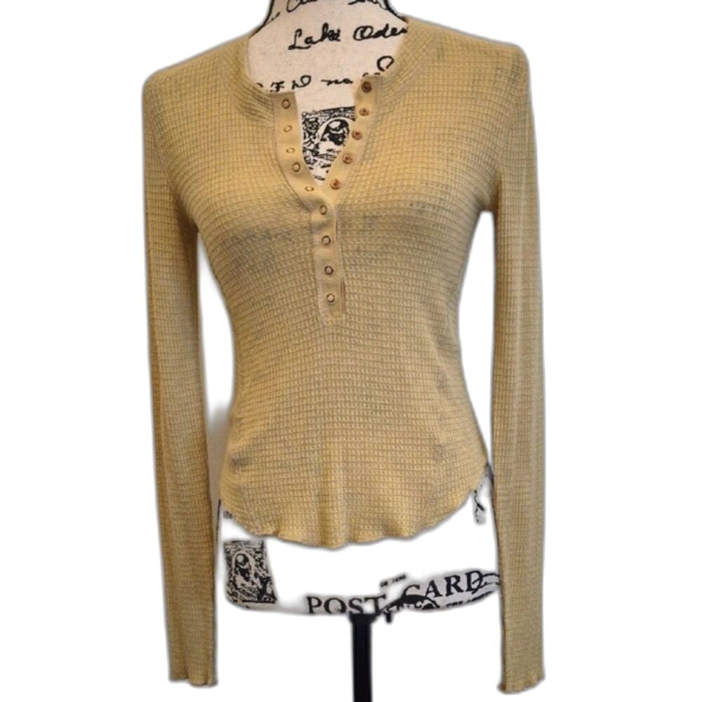 Free People Intimately FP Waffle Knit Henley Thermal Top S Mustard Yellow